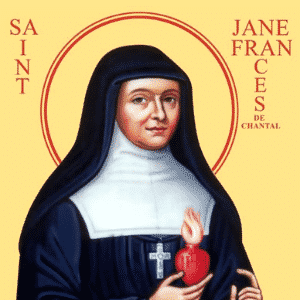 Fundo bege com o nome da santa. Ao centro a imagem de Santa Joana Francisca De Chantal com hábito de freira