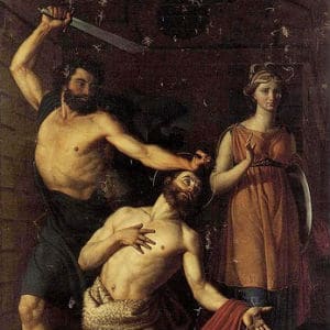 Imagem de São João Batista sendo segurado por um algoz com uma espada na mão e segurando a cabeça do santo para cortá-la. Ao lado uma mulher segurando uma bandeja de pratae