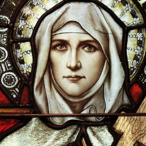 Imagem de Santa Mônica como se fosse um vitral de uma igreja. Ela está com um véu branco na cabeça