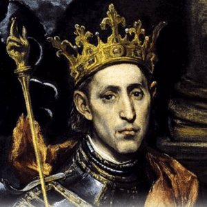 Imagem de São Luís IX vestido com uma armadura e uma coroa de rei na cabeça