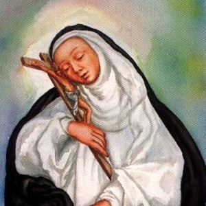Imagem da Beata Ingrid Elofsdotter com roupa de monja, abraçada ao crucifixo