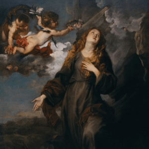 Representação de Santa Rosália com fundo cinza e algumas nuvens. Dois anjos crianças seguram uma coroa de flores sobre a cabeça da santa