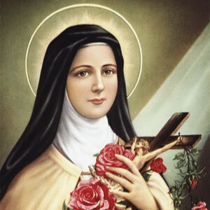 Imagem tradicional de Santa Teresinha do Menino Jesus com as vestes de monja carmelita. Segura nas mãos um crucifixo envolto em rosas