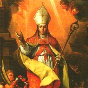 Imagem de São Firmino vestido com Bispo com Báculo e Mitra. É iluminado por uma luz que vem do céu