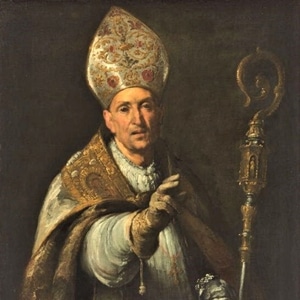 Imagem de São Gerardo com vestes de Bispo. Segura um báculo(cajado) e mitra na cabeça