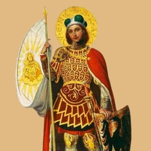 Imagem de São Venceslau vestido como príncipe. Segura uma bandeira na mão direita com a imagem de Jesus e Maria