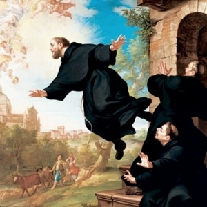 Figura de São José de Cupertino com outros irmãos Franciscanos. Ele está como que levitando no ar e seus irmãos estão admirando