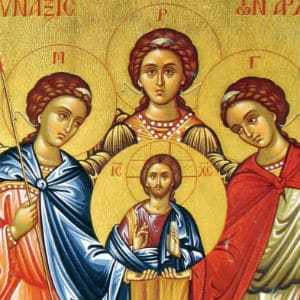 Ícone com os três Anjos: São Miguel, São Gabriel e São Rafael. Todos olham para o ícone de Jesus