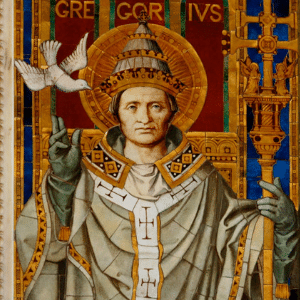 Imagem de São Gregório Magno com sua veste papal e uma pomba sobre sua cabeça