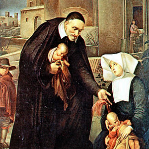 Imagem de São Vicente de Paulo segurando na mão uma criança e ajudando uma mulher com outra criança. Representa a caridade deste santo