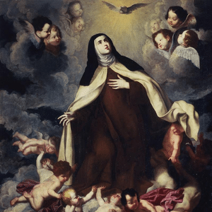 Imagem de Santa Teresa de Ávila no céu junto a um coro de anjos crianças. Ela veste o hábito de monja