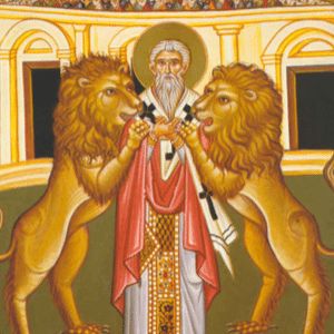 Imagem de Santo Inácio de Antioquia com vestes episcopais e dois leões ao seu lado no coliseum romano