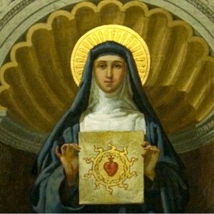 Imagem de Santa Margarida Maria Alacoque com vestes de religiosa. Ao fundo uma abóboda de uma catedral. Ela segura um tecido nas mãos com o Santíssimo Coração de Jesus