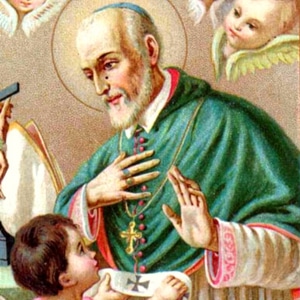 Imagem de Santo Alexandre Sauli. Veste uma roupa verde de Bispo. Está olhando para uma criança próxima a um crucifixo e possui anjos crianças ao seu redor