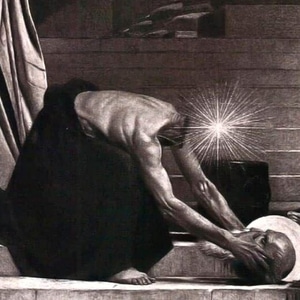 Imagem de São Dionísio decapitado e buscando com as mãos a própria cabeça