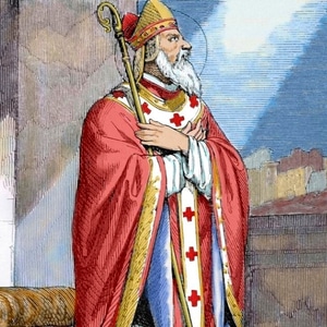 Imagem de São Narciso com vestes episcopais vermelha, báculo e mitra. Olha para o alto de onde vem um raio de sol