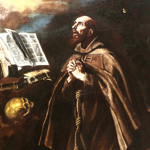 Imagem de São Pedro de Alcântara com uma Bíblia aberta sobre uma escrivaninha e uma cabeça de caveira no banco