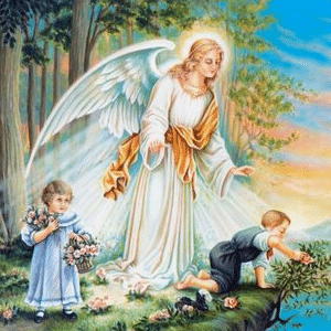 Figura de duas crianças brincando e um grande anjo cuidando deles