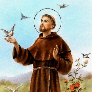 Tradicional imagem de São Francisco De Assis com passarinho na mão e olhando para o céu. Veste sua roupa tradicional de frei que deu origem aos Franciscanos