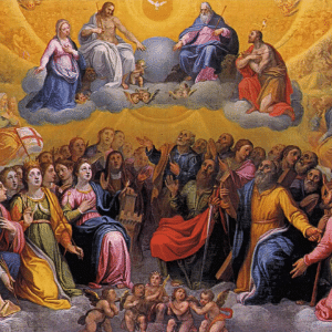 Imagem do céu: acima a Santíssima Trindade e abaixo todos os santos católicos