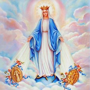 Imagem da Nossa Senhora das Graças com seu véu azul e coroa na cabeça. Encontra-se nas nuvens e de suas mãos saem raios com as duas faces da medalha milagrosa