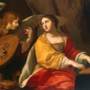 Imagem de Santa Cecília tocando um instrumento como um órgão e tem ao seu lado um anjo tocando uma lira
