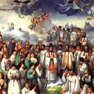 Imagem de Santo André Dung-Lac e companheiros mártires junto a anjos no céu