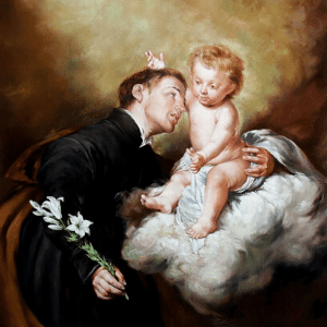 Imagem de Santo Estanislau Kostka segurando um lírio na mão e sendo acariciado pelo menino Jesus em uma nuvem