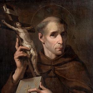 Imagem de São Leonardo de Porto Maurício com vestes de franciscano. Segura um crucifixo nas mãos