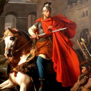 Imagem ilustrativa de São Martinho de Tours sobre seu cavalo branco com manto vermelho olhando para o mendigo seminu