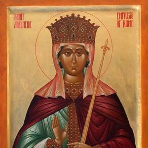 Ícone de Santa Adelaide com roupas de rainha. Possui uma coroa na cabeça e uma cruz na mão