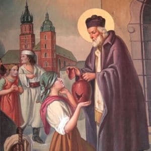 Imagem de São João Câncio com várias mulheres e uma delas lhe entrega um jarro de barro quebrado