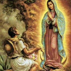 Imagem de São Juan Diego Cuauhtlatoatzin diante da aparição de Nossa Senhora de Guadalupe