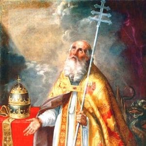 Imagem do Papa São Silvestre I olhando para o céu e vendo uma luz vinda de lá. Sua mitra está sobre uma mesa e segura um báculo