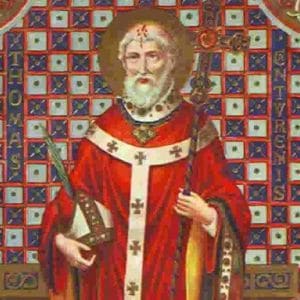 Imagem de São Tomás Becket com roupa de bispo. Possui uma mitra numa das mãos e um báculo na outra