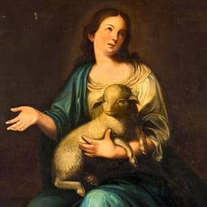 Imagem de Santa Inês com uma ovelha nas mãos... está olhando para o alto com alguém que espera em Deus