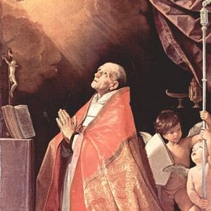 Imagem de Santo André Corsini com vestes de padre e véu umeral. Está ajoelhado diante de um crucifixo e uma bíblia. Está olhando para o alto de onde vem uma luz. Atrás dele estão dois anjos pequenos segurando como que uma haste de ferro