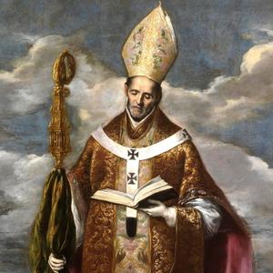 Imagem de Santo Ildefonso com roupas cor dourada de bispo, com mitra e báculo... Está lendo uma bíblia