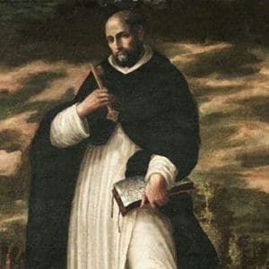 Imagem de São Raimundo de Peñafort. Está vestindo uma túnica branca e uma bata negra por cima. É careca. Segura uma bíblia na mão e uma chave na outra