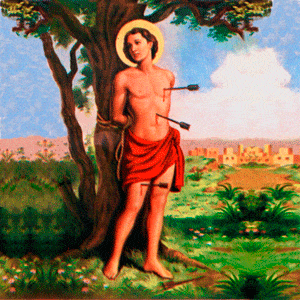 Tradicional imagem de São Sebastião amarrado a uma árvore com três flechas em seu corpo: Uma na coxa direita, outra na barriga e a última no peito esquerdo
