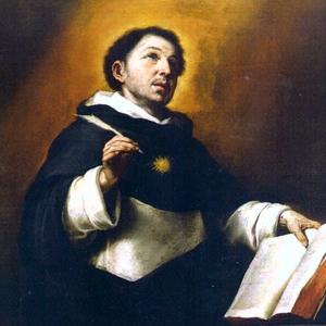 Imagem de São Tomás de Aquino com um livro na mão e uma pena na outra... Está olhando para o céu como que pedindo uma inspiração divina
