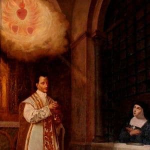 Imagem de São Cláudio La Colombiere conversando com uma freira. O santo tem uma nuvem sobre sua cabeça e ,dentro dela, está a imagem do sagrado coração de Jesus