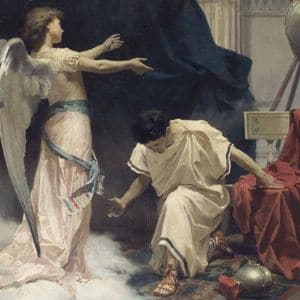Imagem de São Cornélio de Cesareia. Ele está ajoelhado aos pés de um anjo