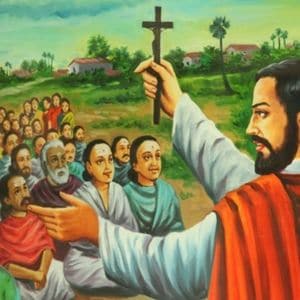 Imagem de São João de Brito com um crucifixo nas mãos pregando para vários indianos