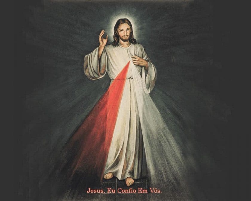 Imagem de Jesus saindo raios vermelhos e brancos de seu coração. Imagem revelada por Santa Faustina sonre a Divina Misericórdia