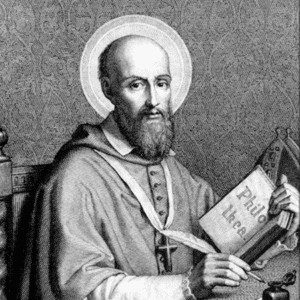 Imagem de São Francisco de Sales com barba, bigode e careca escrevendo o livro Filotéia. Ele está com uma pena na mão e possui uma auréola ao redor da cabeça