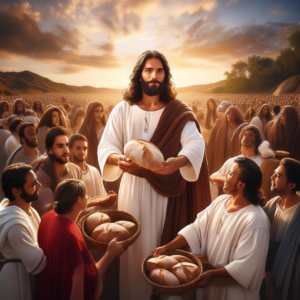 Reflexão 17º Domingo Tempo Comum. Jesus com os apóstolos e discípulos multiplica os pães e peixes.