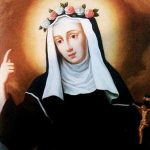 Imagem de Beata Margarida Colonna com roupa de religiosa... Tem um crucifixo na mão e uma coroa de rosas na cabeça